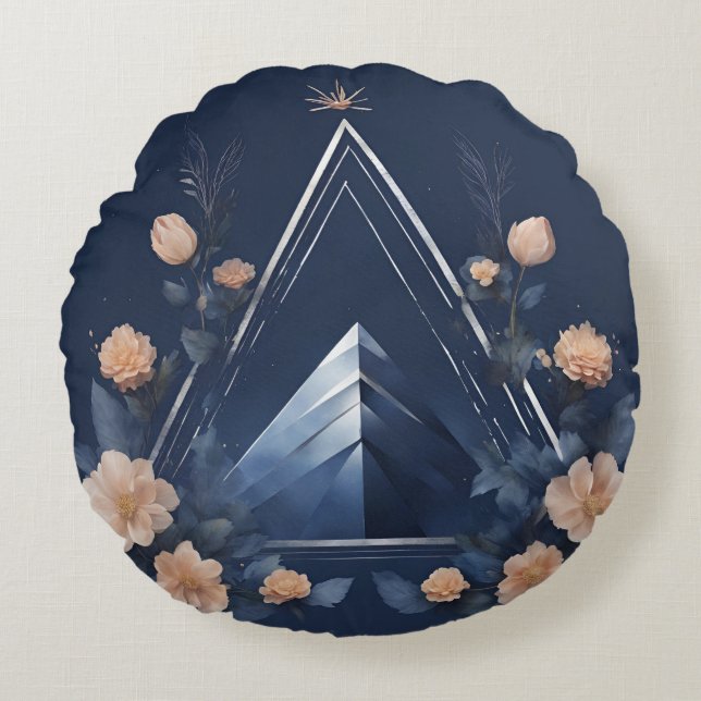 Midnight teal blue Floral AI art  Round Pillow (Front)