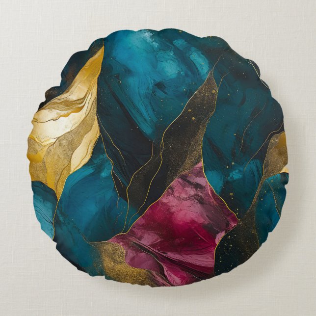 Midnight Teal & Gold Marble Fusion Round Pillow (Front)