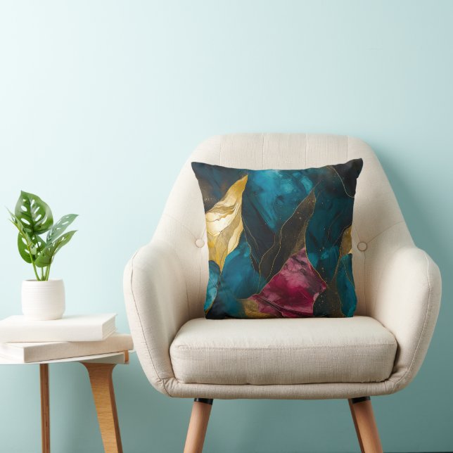 Midnight Teal & Gold Marble Fusion Throw Pillow (Chair)