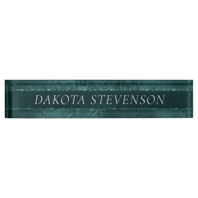 Midnight Teal Romance | Dark Green Satiny Damask Desk Name Plate (Front)