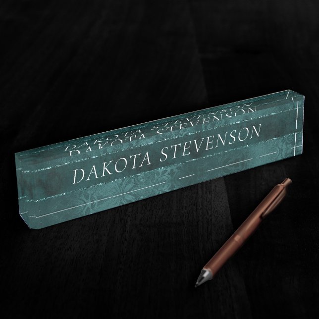 Midnight Teal Romance | Dark Green Satiny Damask Desk Name Plate (Creator Uploaded)