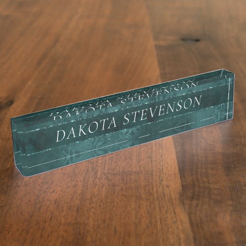 Midnight Teal Romance  Dark Green Satiny Damask Desk Name Plate