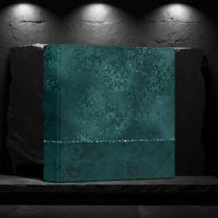 Midnight Teal Romance Dark Satiny Grunge Damask 3 Ring Binder
