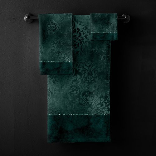 Midnight Teal Romance  Dark Satiny Grunge Damask Bath Towel Set