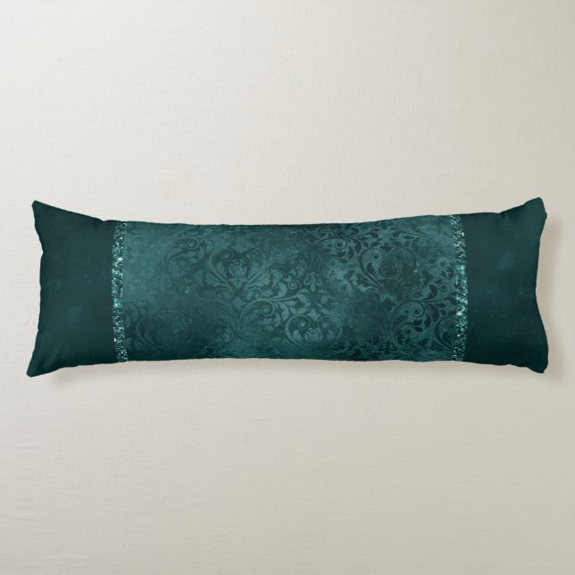 Midnight Teal Romance | Dark Satiny Grunge Damask Body Pillow (Front)