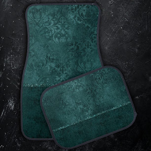 Midnight Teal Romance Dark Satiny Grunge Damask Car Floor Mat
