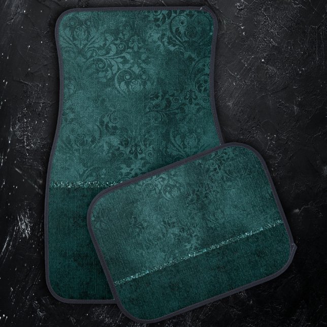 Midnight Teal Romance | Dark Satiny Grunge Damask Car Floor Mat (Creator Uploaded)