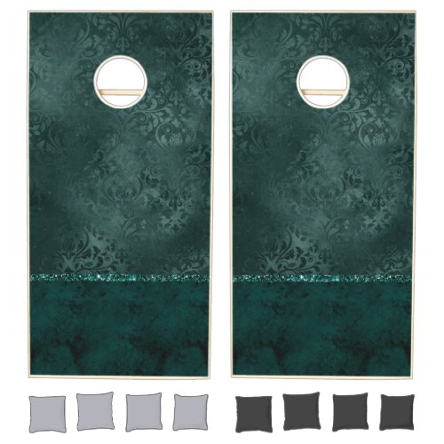 Midnight Teal Romance  Dark Satiny Grunge Damask Cornhole Set