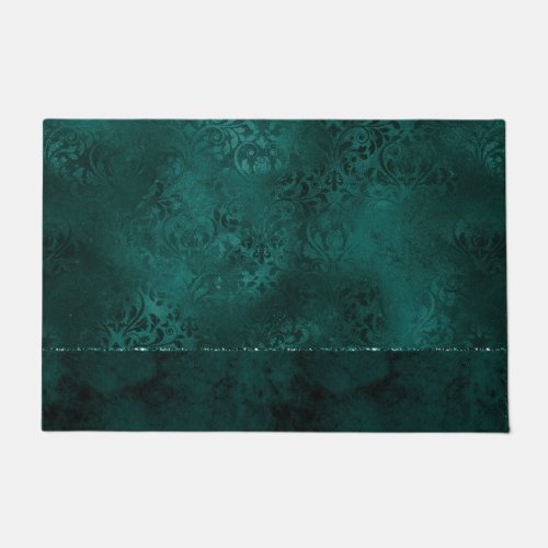 Midnight Teal Romance  Dark Satiny Grunge Damask Doormat