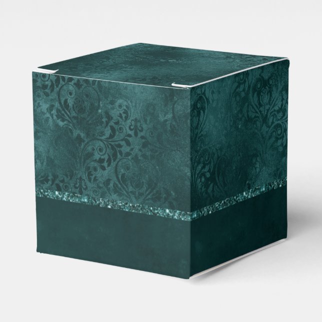 Midnight Teal Romance | Dark Satiny Grunge Damask Favor Boxes (Front Side)