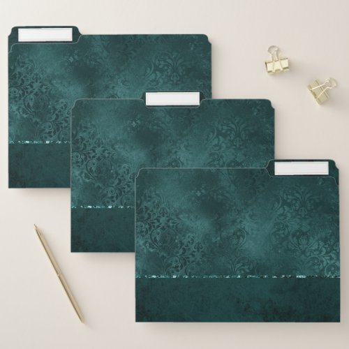 Midnight Teal Romance  Dark Satiny Grunge Damask File Folder