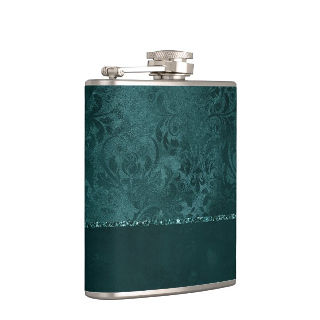Midnight Teal Romance | Dark Satiny Grunge Damask Flask (Right)