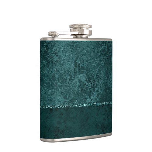 Midnight Teal Romance  Dark Satiny Grunge Damask Flask