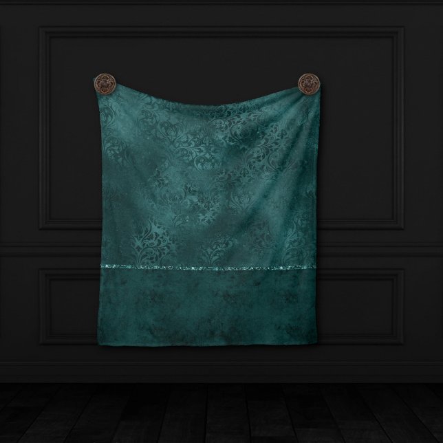 Midnight Teal Romance | Dark Satiny Grunge Damask Fleece Blanket (Creator Uploaded)