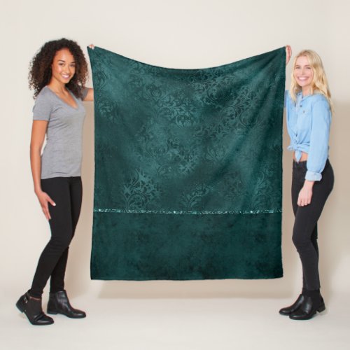 Midnight Teal Romance  Dark Satiny Grunge Damask Fleece Blanket