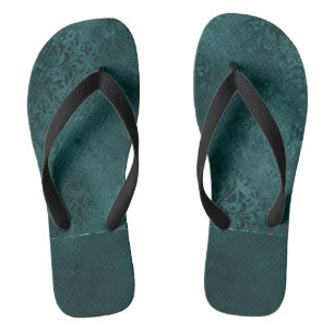 Midnight Teal Romance Dark Satiny Grunge Damask Flip Flops