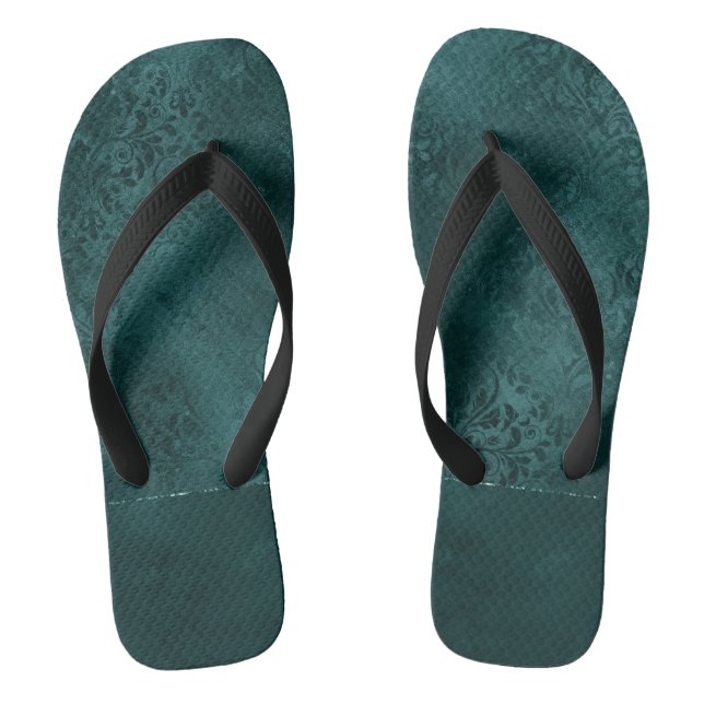 Midnight Teal Romance | Dark Satiny Grunge Damask Flip Flops (Footbed)