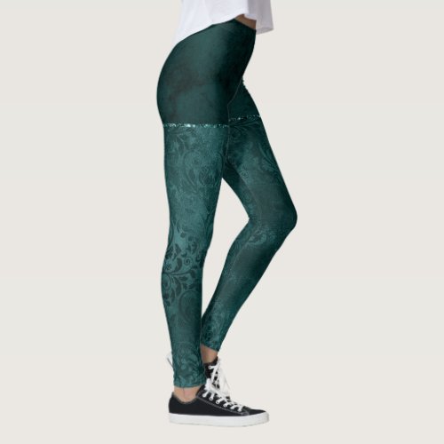 Midnight Teal Romance  Dark Satiny Grunge Damask Leggings