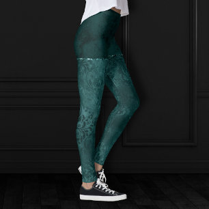 Midnight Teal Romance Dark Satiny Grunge Damask Leggings