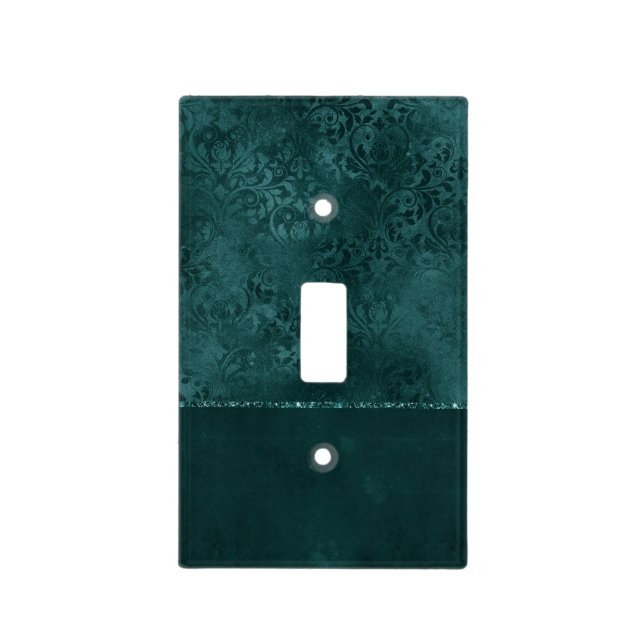 Midnight Teal Romance | Dark Satiny Grunge Damask Light Switch Cover (Front)