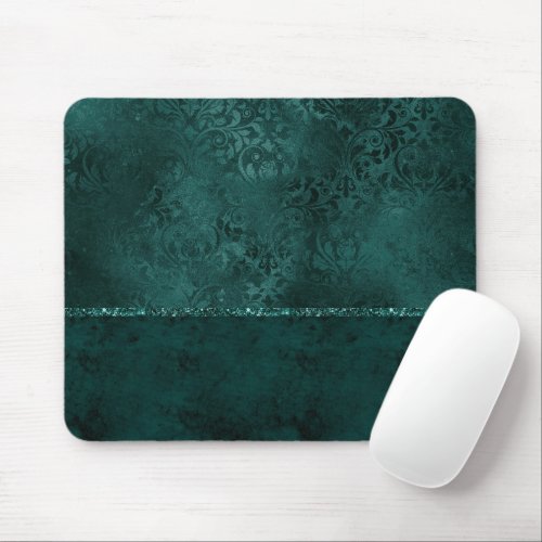 Midnight Teal Romance  Dark Satiny Grunge Damask Mouse Pad