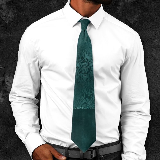 Midnight Teal Romance | Dark Satiny Grunge Damask Neck Tie (Creator Uploaded)