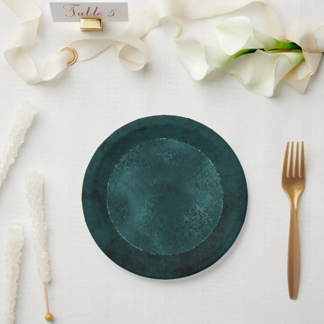 Midnight Teal Romance | Dark Satiny Grunge Damask Paper Plates (Wedding)