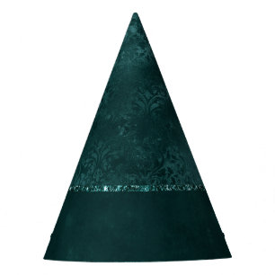 Midnight Teal Romance   Dark Satiny Grunge Damask Party Hat