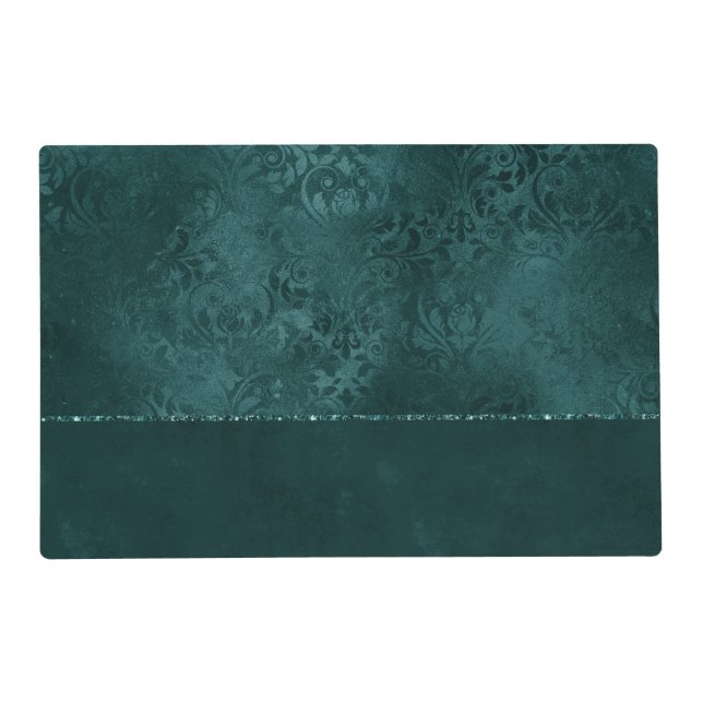 Midnight Teal Romance | Dark Satiny Grunge Damask Placemat (Front)