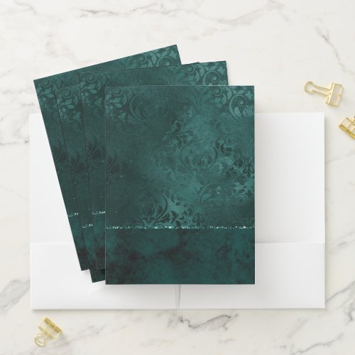 Midnight Teal Romance  Dark Satiny Grunge Damask Pocket Folder