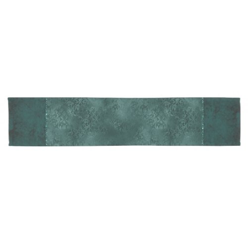 Midnight Teal Romance  Dark Satiny Grunge Damask Short Table Runner