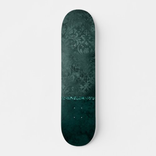 Midnight Teal Romance  Dark Satiny Grunge Damask Skateboard