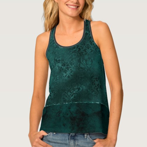 Midnight Teal Romance  Dark Satiny Grunge Damask Tank Top