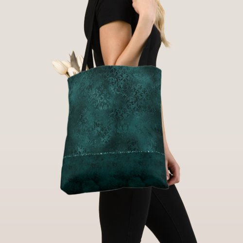 Midnight Teal Romance  Dark Satiny Grunge Damask Tote Bag