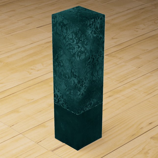 Midnight Teal Romance | Dark Satiny Grunge Damask Wine Box (Front)