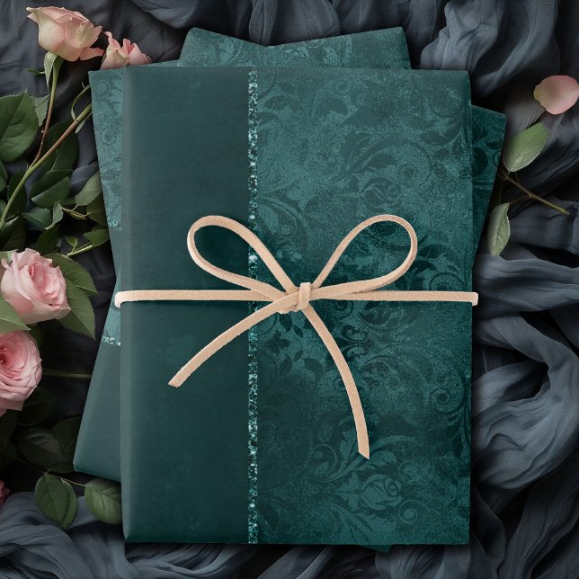 Midnight Teal Romance | Dark Satiny Grunge Damask Wrapping Paper Sheets (Creator Uploaded)