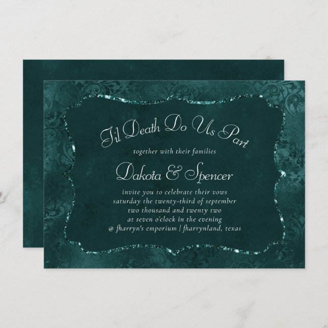 Midnight Teal Romance | Dark Satiny Grunge Wedding Invitation (Front/Back)
