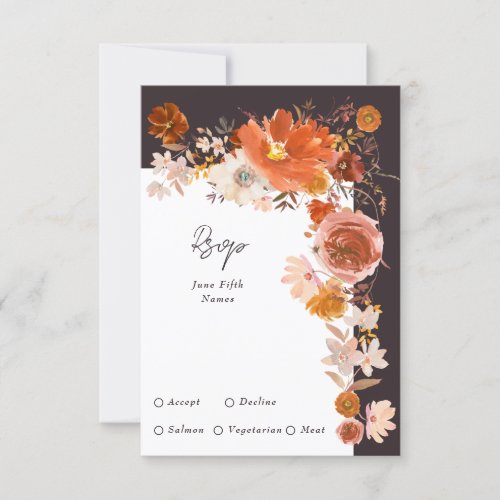 Midnight Terracotta Floral Wreath Wedding RSVP Card