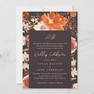 Midnight Terracotta Monogram Floral Border Wedding Invitation