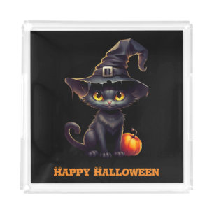 Midnight The Witchy Black Cat Halloween Acrylic Tray