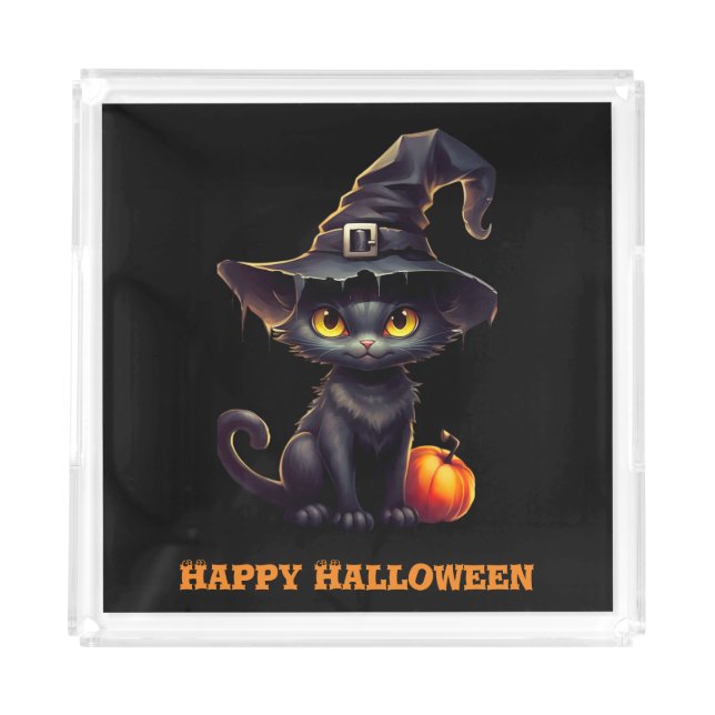 Midnight The Witchy Black Cat Halloween  Acrylic Tray (Front)