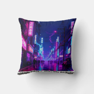 Midnight Tokyo — Neon Cyberpunk Throw Pillow