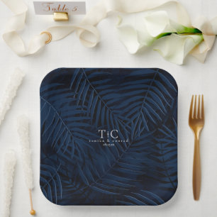 Midnight Tropical Palms Moody Blue Pattern ID1322 Paper Plates