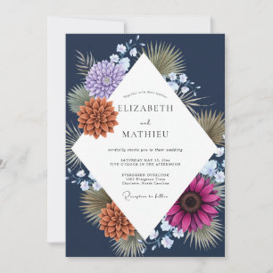 Midnight Tropical Protea Eucalyptus Wedding Invitation