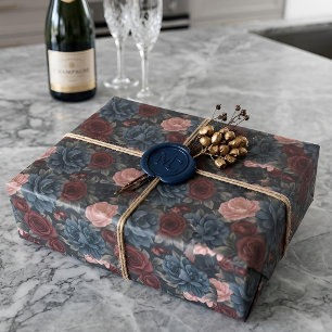 Midnight Victorian Floral Burgundy & Blue Roses Wrapping Paper