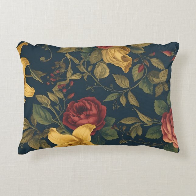 Midnight Victorian Floral – Yellow Lilies & Roses  Accent Pillow (Front)