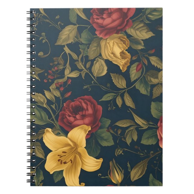 Midnight Victorian Floral – Yellow Lilies & Roses  Notebook (Front)