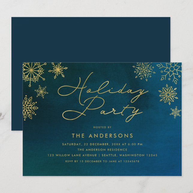 Midnight Watercolor Gold Snowflake Holiday Party Invitation (Front/Back)