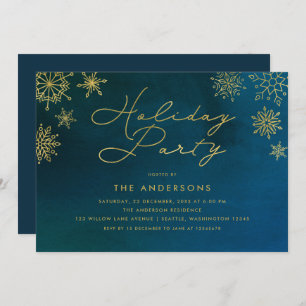 Midnight Watercolor Gold Snowflake Holiday Party Invitation