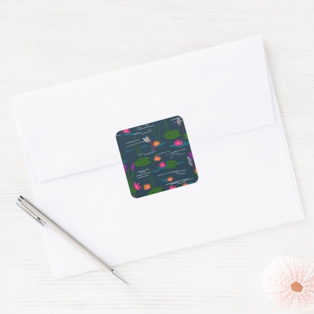Midnight Whimsical Lotus Floral Garden  Square Sticker (Envelope)